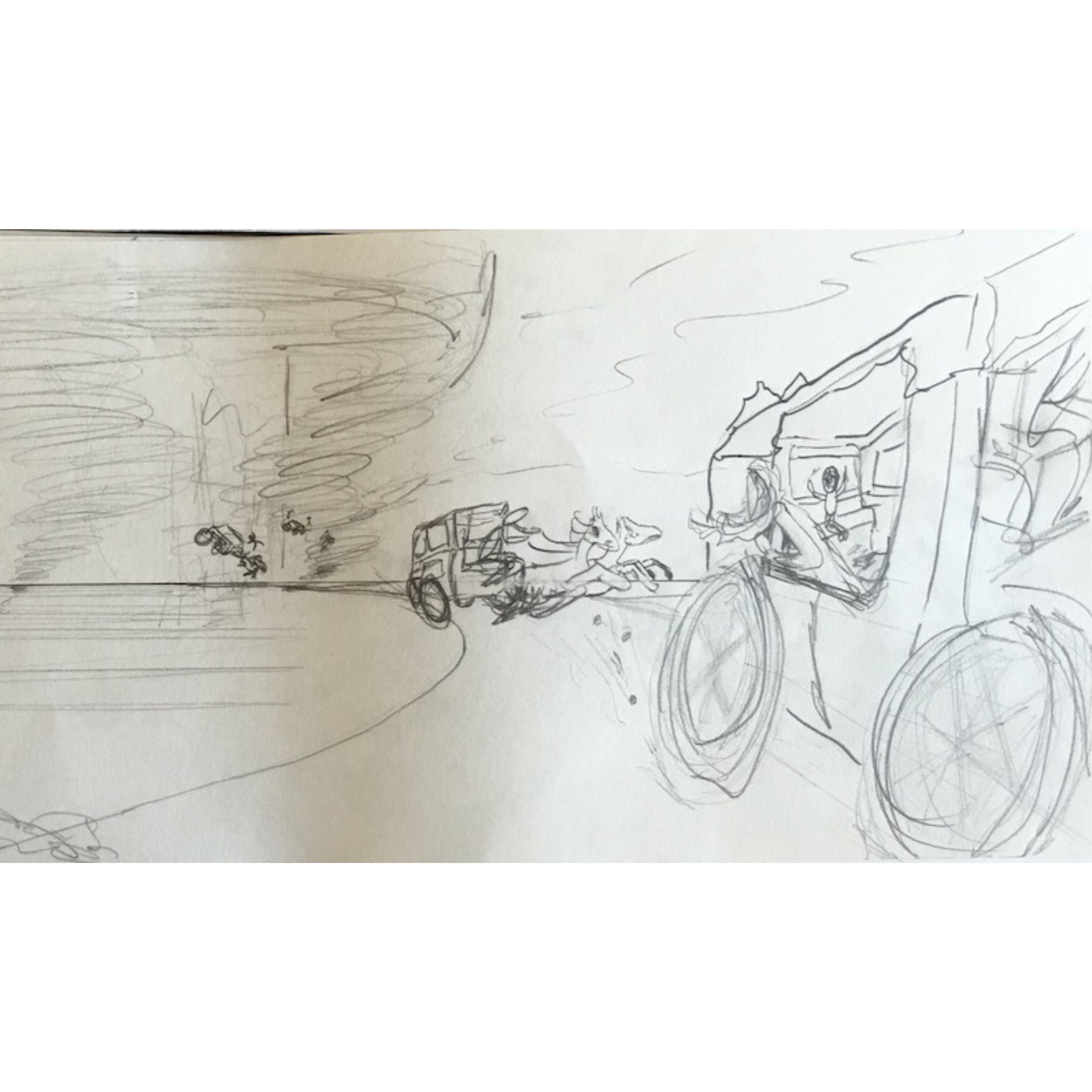 Pencil drawing of a vehicle on a road with a large tire in the foreground